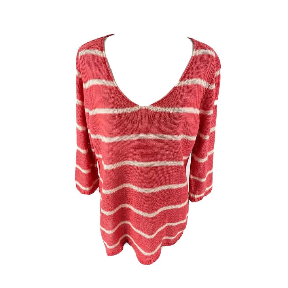 Krimson Klover Women L Pink Salmon Striped 100% Linen 3/4 Sleeve Knit Blouse Top
